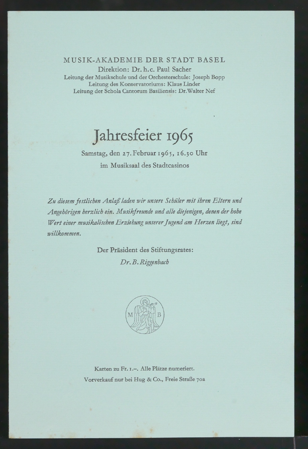 Programmheft Jahresfeier 1965 der Musik-Akademie Basel — Blatt 1