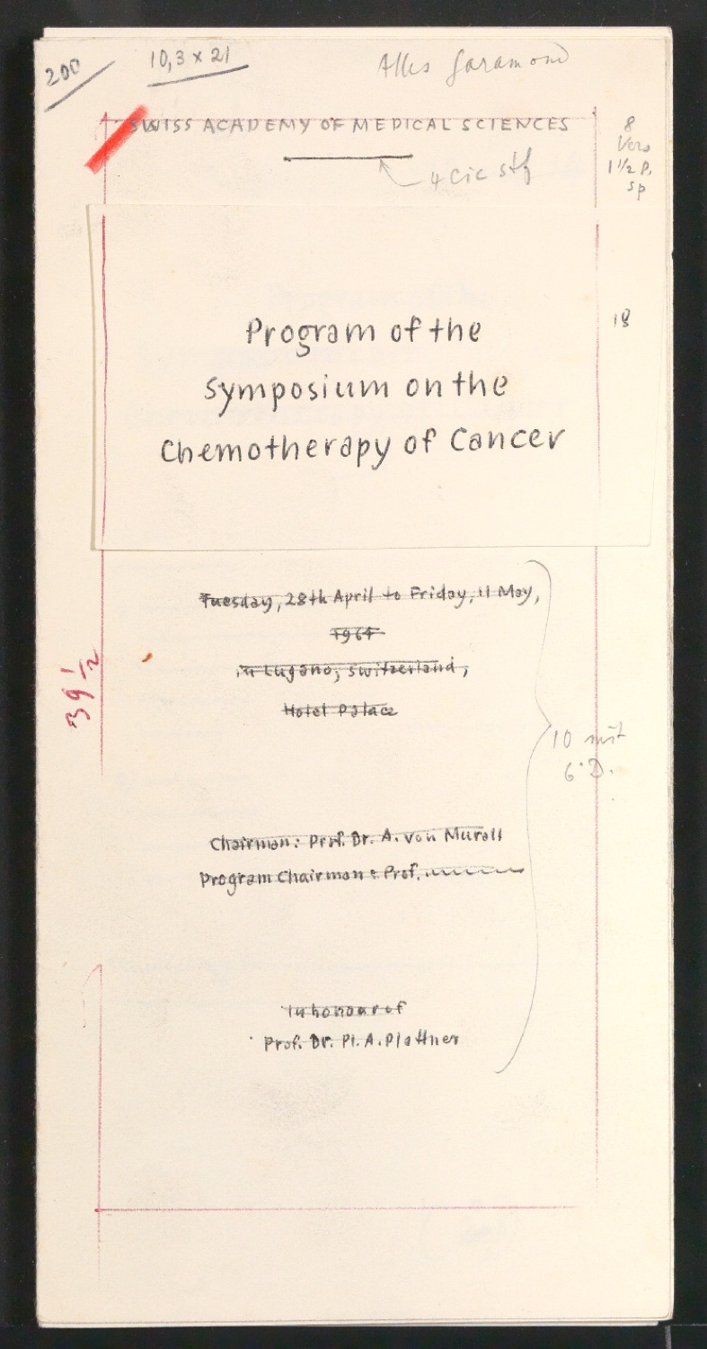 Blindband mit Entwurfsskizzen für Program of the Symposium on the Chemotherapy of Cancer — Blatt 1