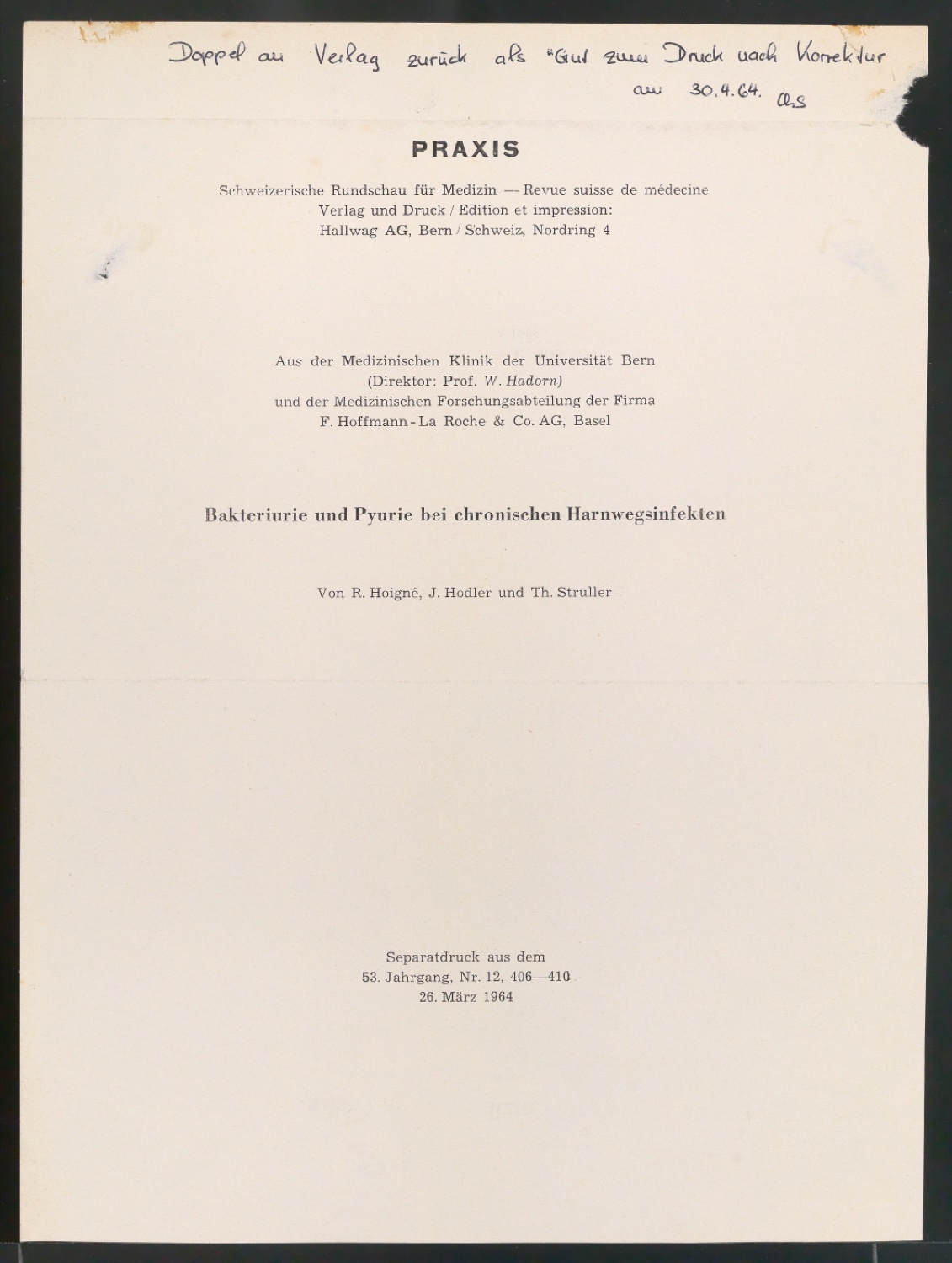 Korrekturfahnen von Titelblatt für Bakteriurie und Pyurie bei chronischen Harnwegsinfekten — Blatt 1