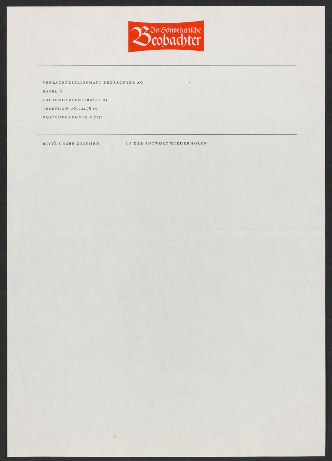 Briefbogen mit Briefkopf für Verlagsgesellschaft Beobachter AG — Blatt 1