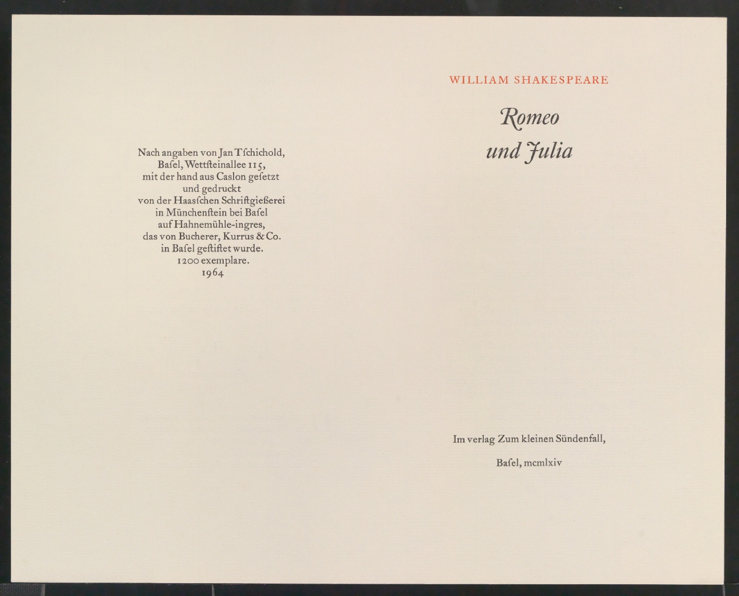 Probedruck für Beitrag von Jan Tschichold: Romeo und Julia — Blatt 1