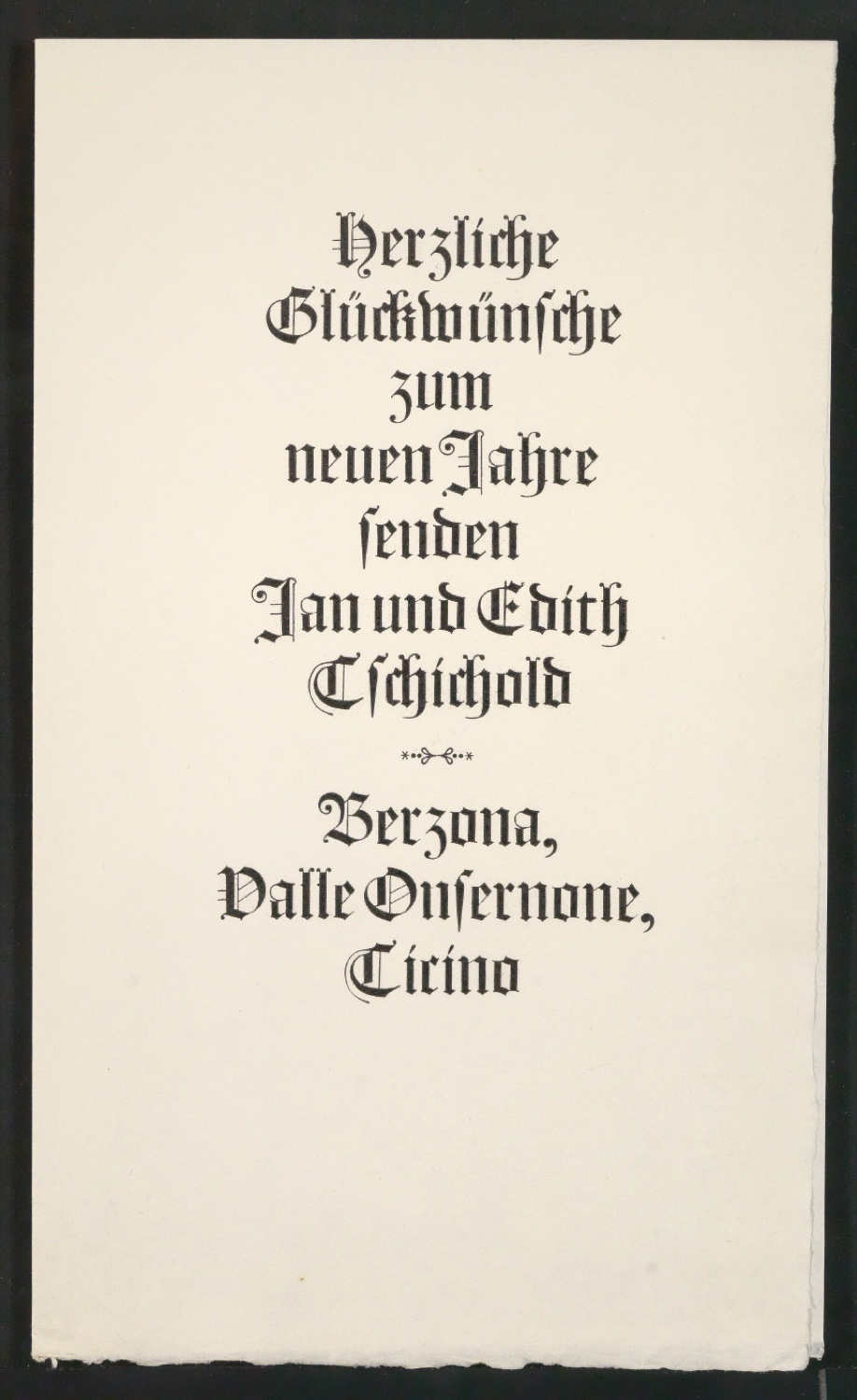 Probedruck von Neujahrswunsch Herzliche Glückwünsche zum neuen Jahre senden Jan und Edith Tschichold — Blatt 1