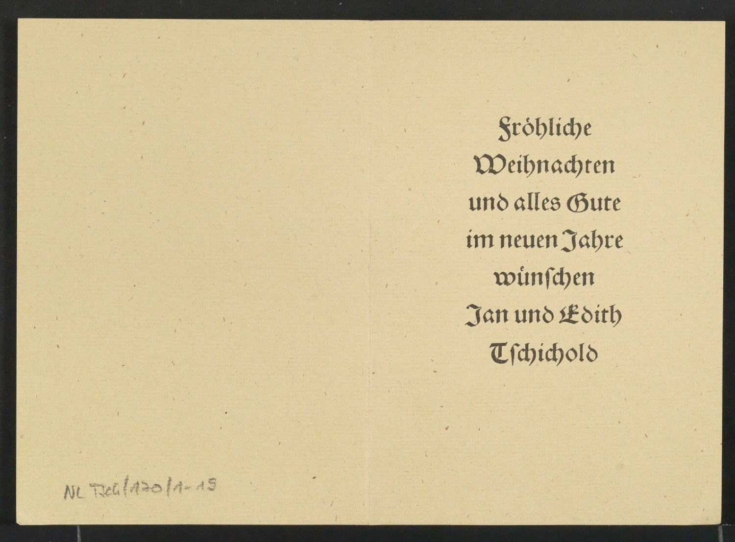 Probedruck von Neujahrswunsch Fröhliche Weihnachten und alles Gute im neuen Jahre wünschen Jan und Edith Tschichold — Blatt 1