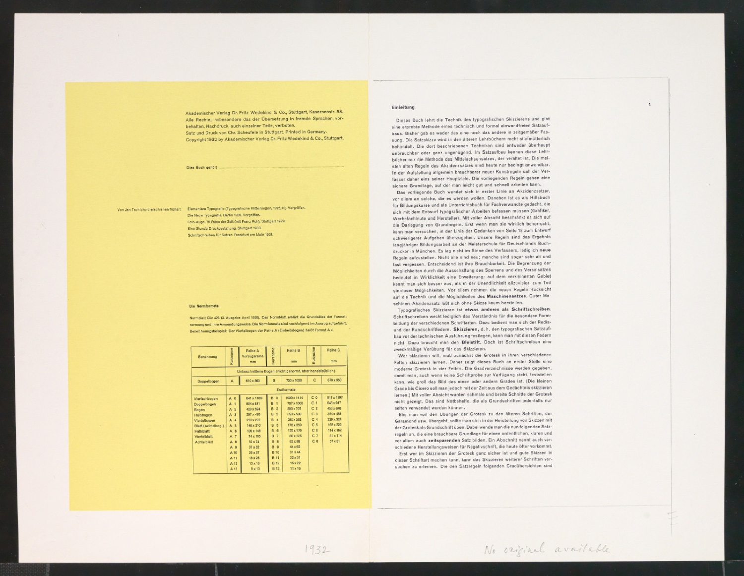 Probedruck einer Illustration mit der Darstellung der ersten Seite von Typografische Entwurfstechnik — Blatt 1