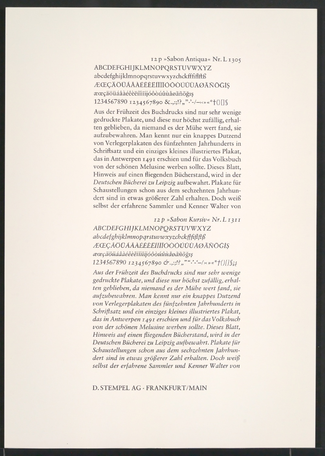 Probedrucke der Sabon in verschiedenen Schriftschnitten und Schriftgraden — Blatt 47