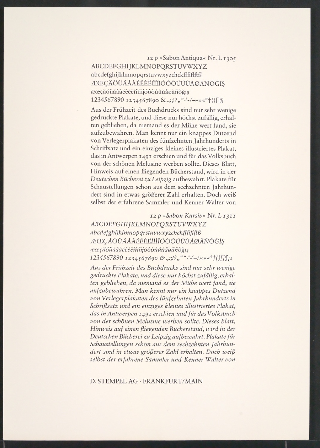 Probedrucke der Sabon in verschiedenen Schriftschnitten und Schriftgraden — Blatt 53