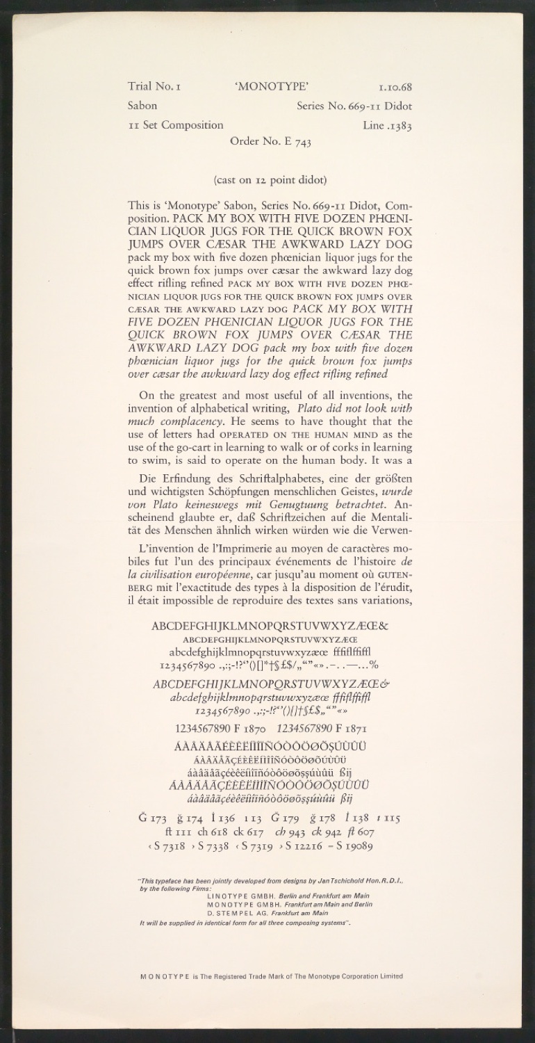 Probedrucke der Sabon in verschiedenen Schriftschnitten und Schriftgraden — Blatt 199