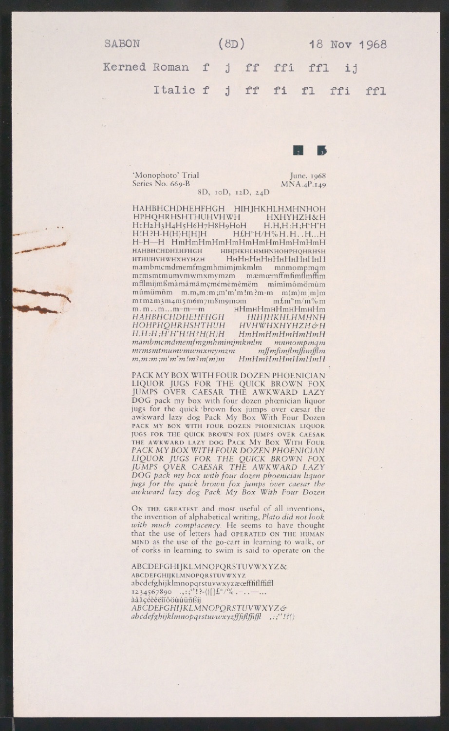 Probedrucke der Sabon in verschiedenen Schriftschnitten und Schriftgraden — Blatt 229