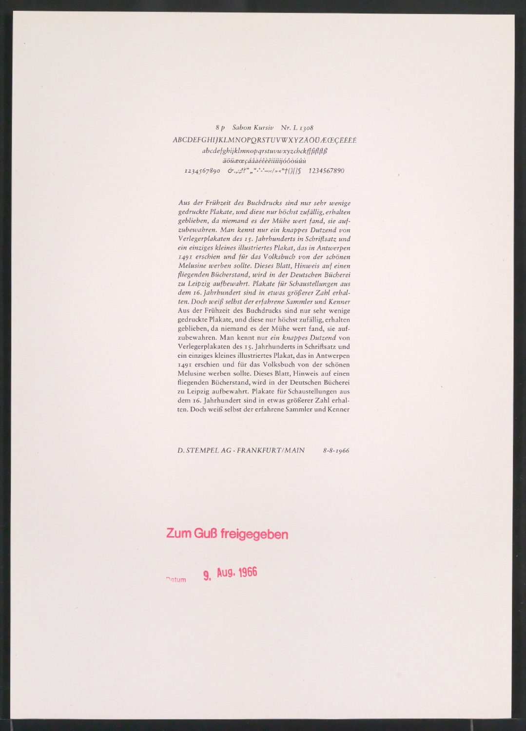 Probedrucke der Sabon in verschiedenen Schriftschnitten und Schriftgraden — Blatt 279