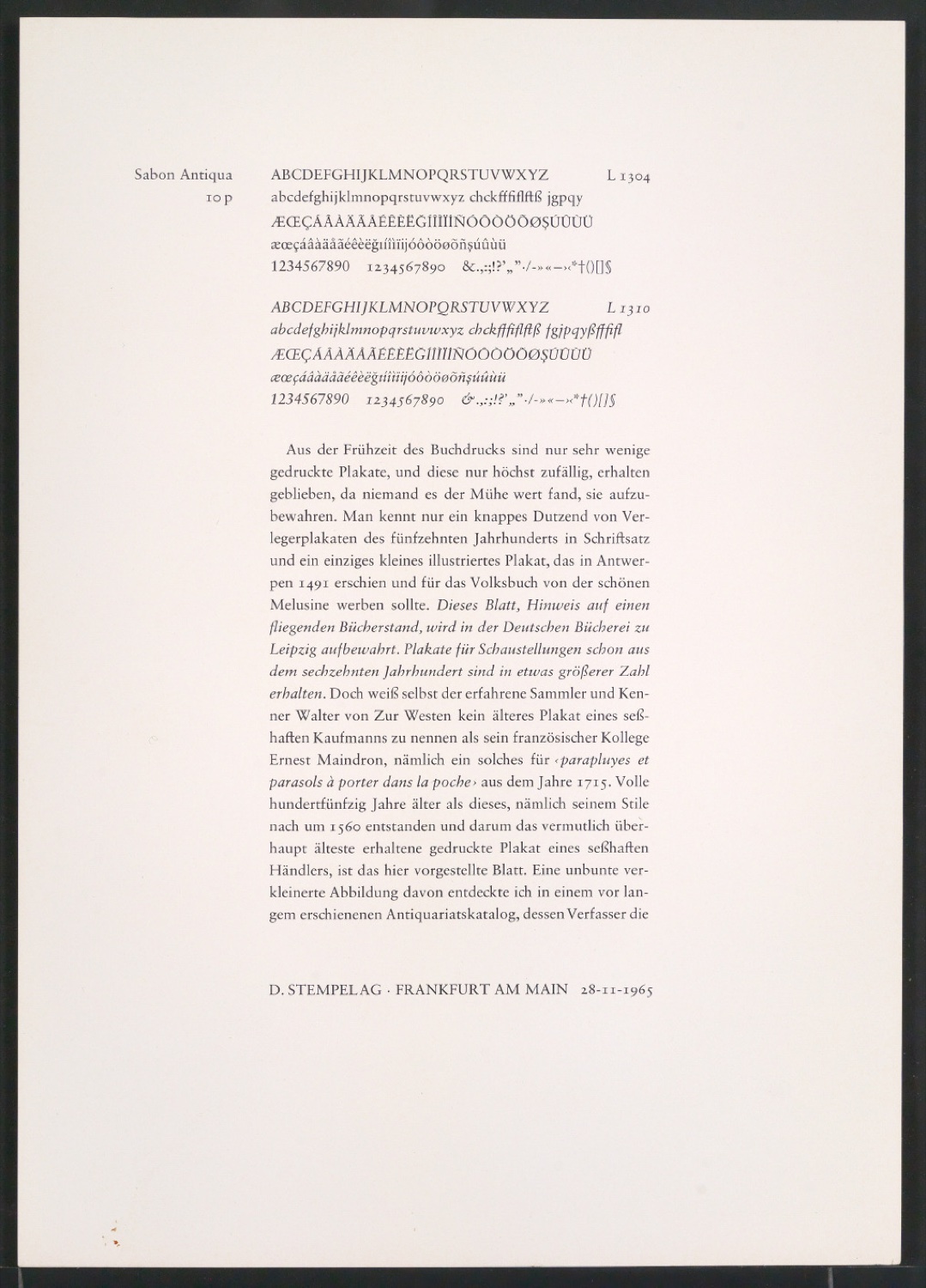 Probedrucke der Sabon in verschiedenen Schriftschnitten und Schriftgraden — Blatt 291