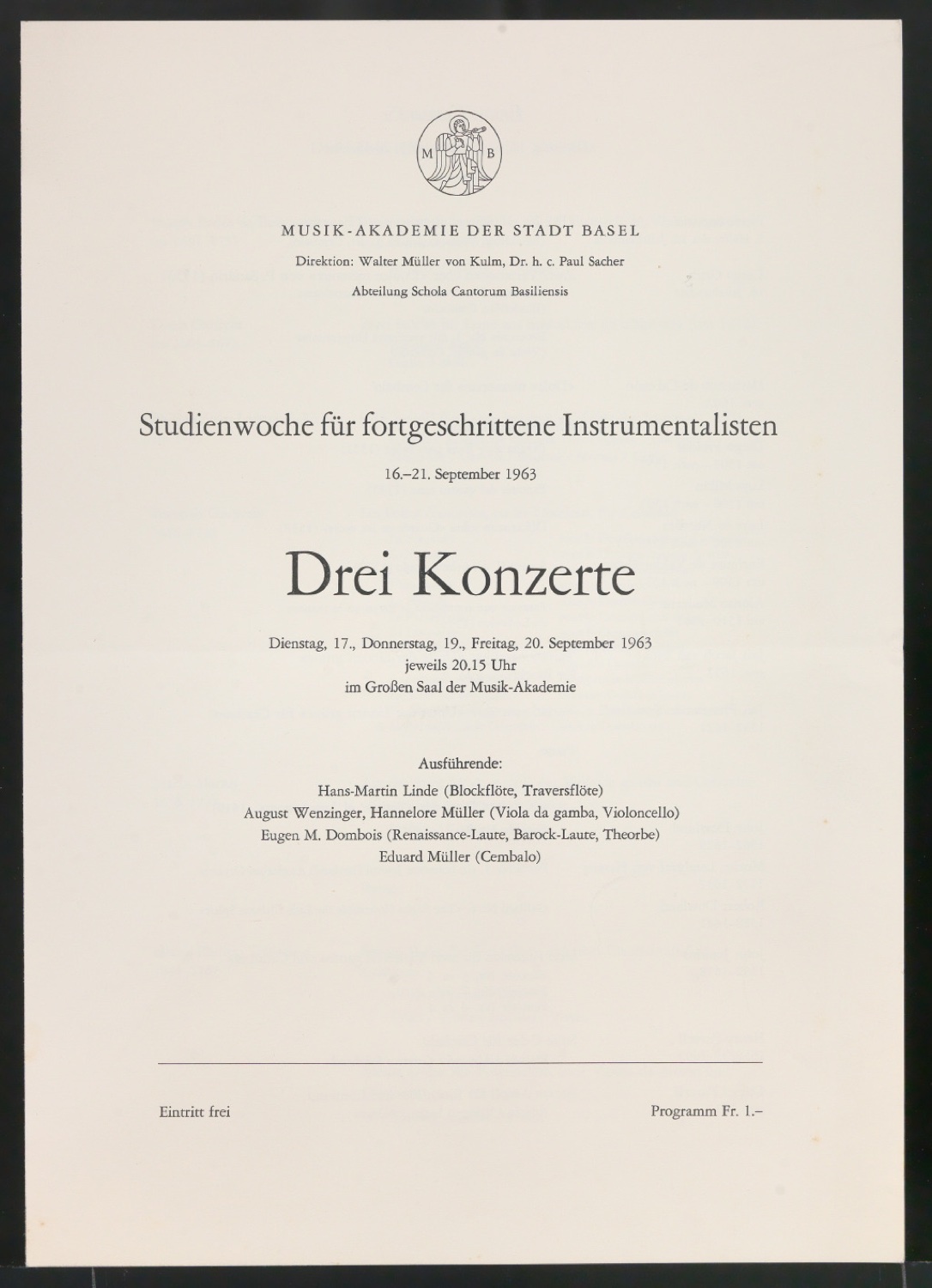 Programmheft Drei Konzerte - Studienwoche für fortgeschrittene Instrumentalisten — Blatt 1