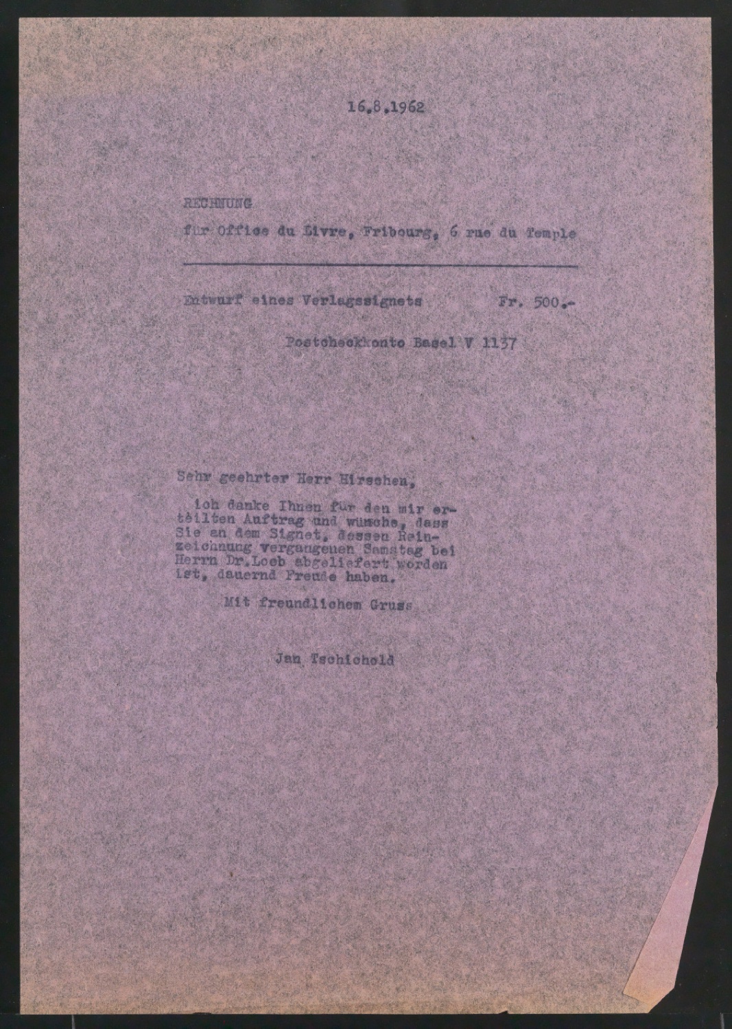 Durchschreibpapier der Rechnung zu Verlegermarke für Office du Livre — Blatt 1