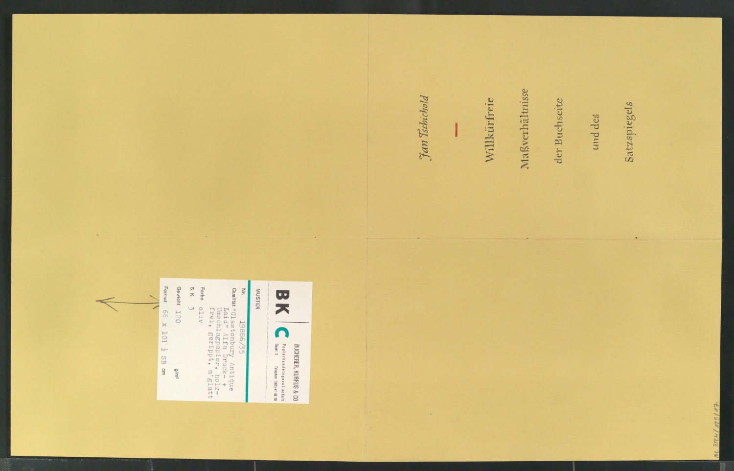 Entwurfszeichnung und Korrekturfahne für den Umschlag von Willkürfreie Maßverhältnisse der Buchseite und des Satzspiegels — Blatt 1