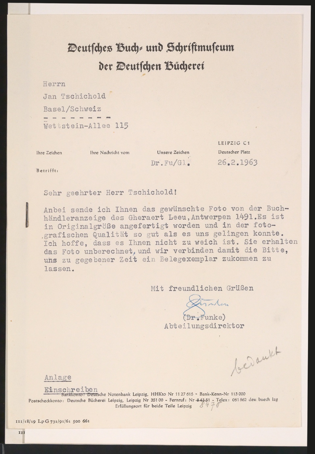 Briefe von Deutsches Buch- und Schriftmuseum an Jan Tschichold vom 13.2.1963 und 26.2.1963 — Blatt 3