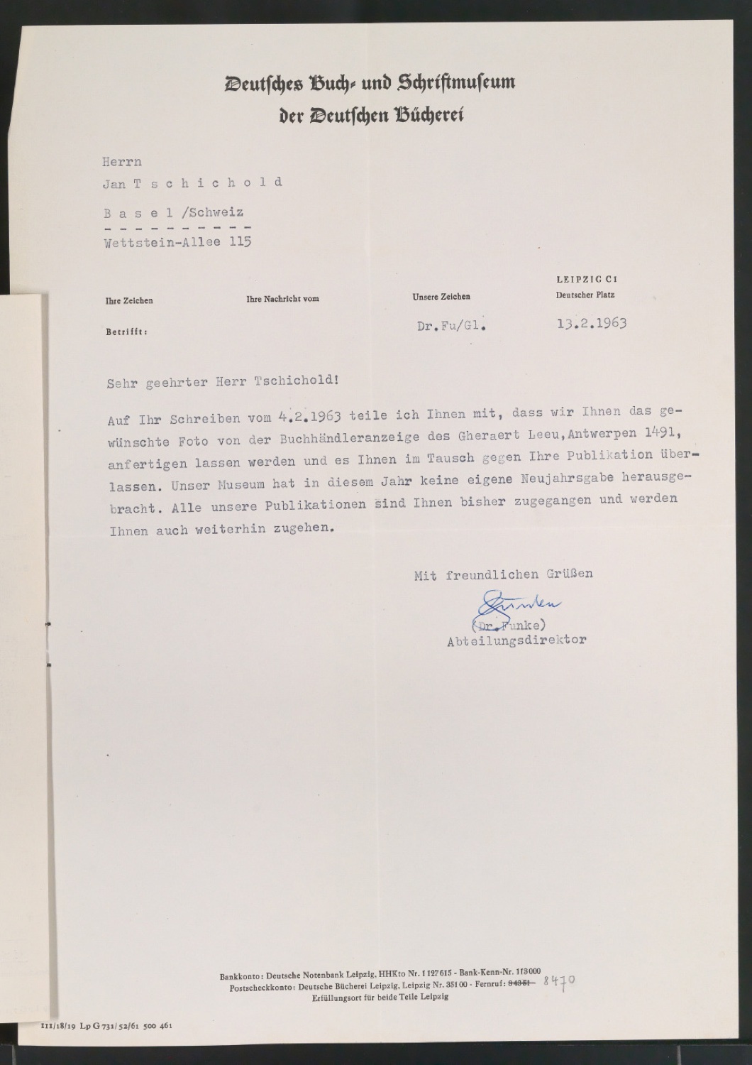 Briefe von Deutsches Buch- und Schriftmuseum an Jan Tschichold vom 13.2.1963 und 26.2.1963 — Blatt 5