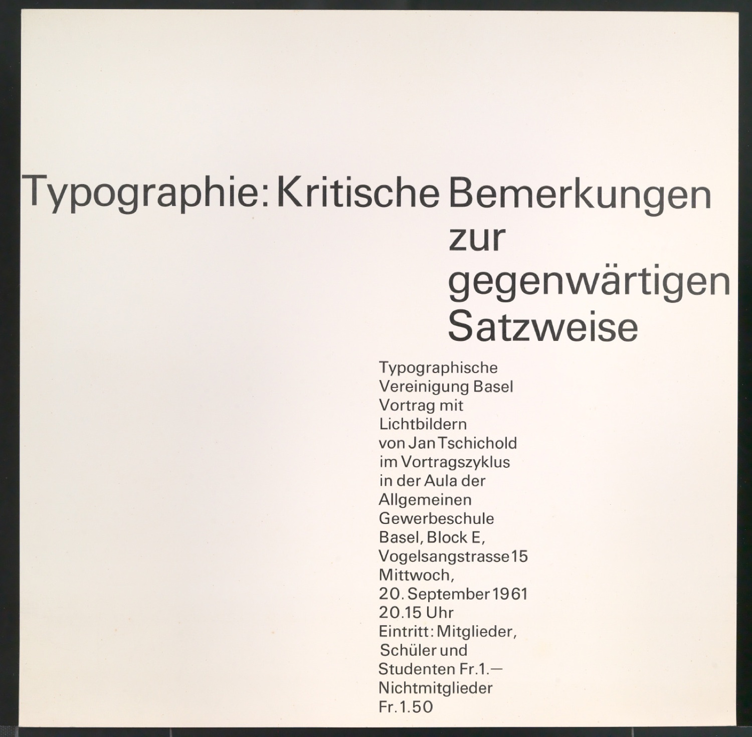 Klischeevorlage und Klischeeabzüge von Werbeplakat zum Vortrag Kritische Bemerkungen zur gegenwärtigen Satzweise — Blatt 5