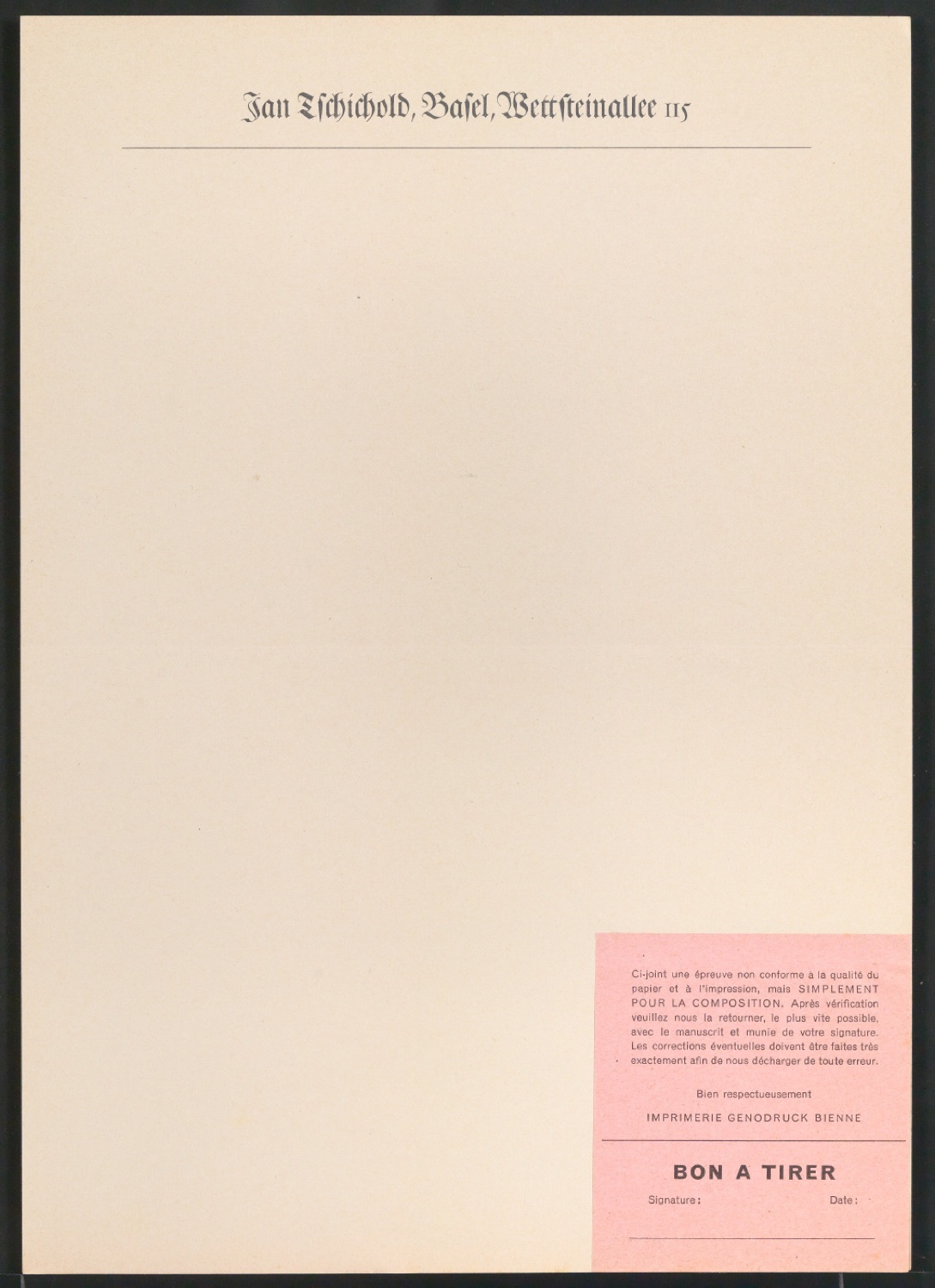 Korrigierter Probedruck von Briefbogen für Jan Tschichold, Wettsteinallee 115 — Blatt 1