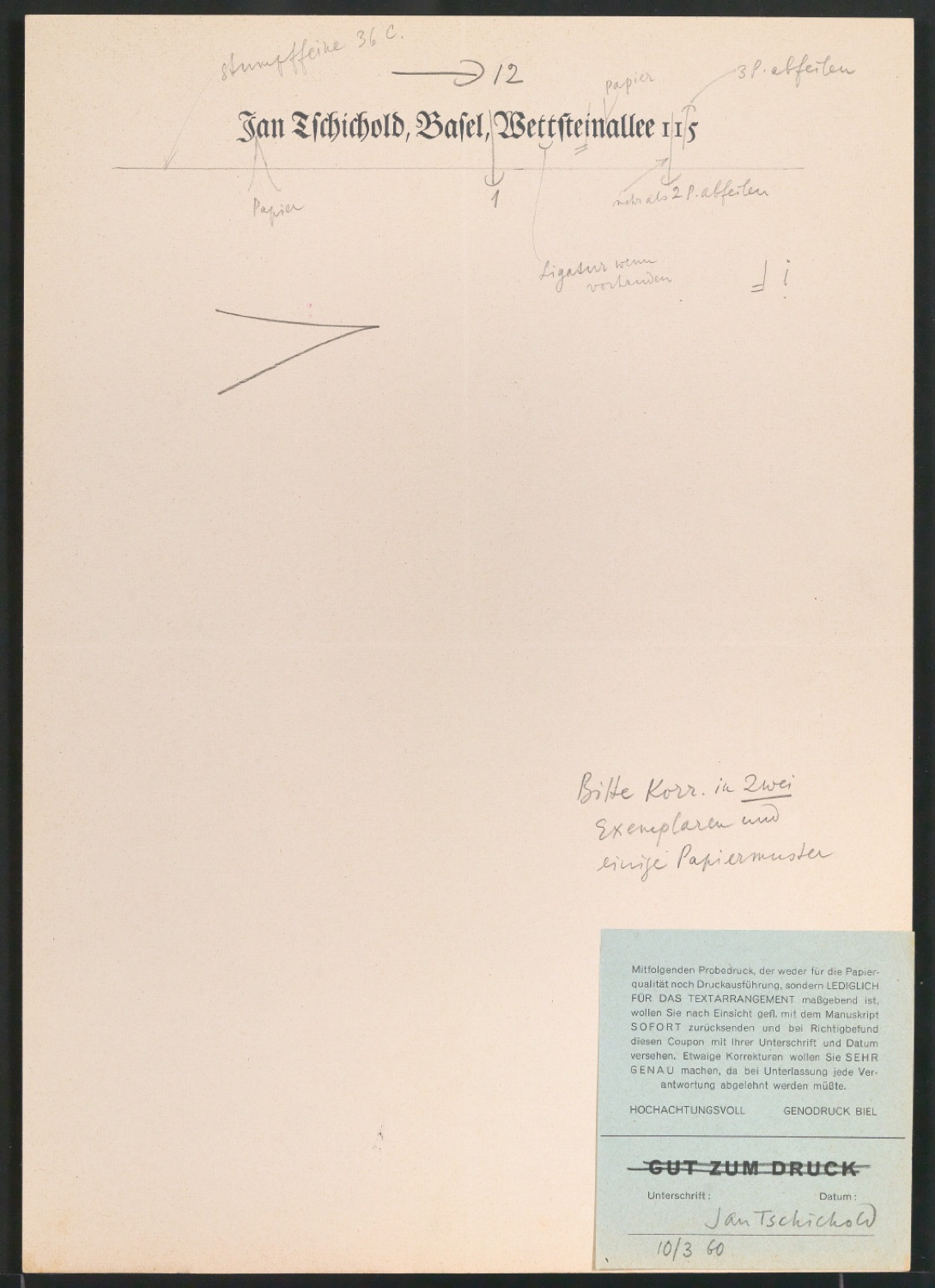 Korrigierter Probedruck von Briefbogen für Jan Tschichold, Wettsteinallee 115 — Blatt 3
