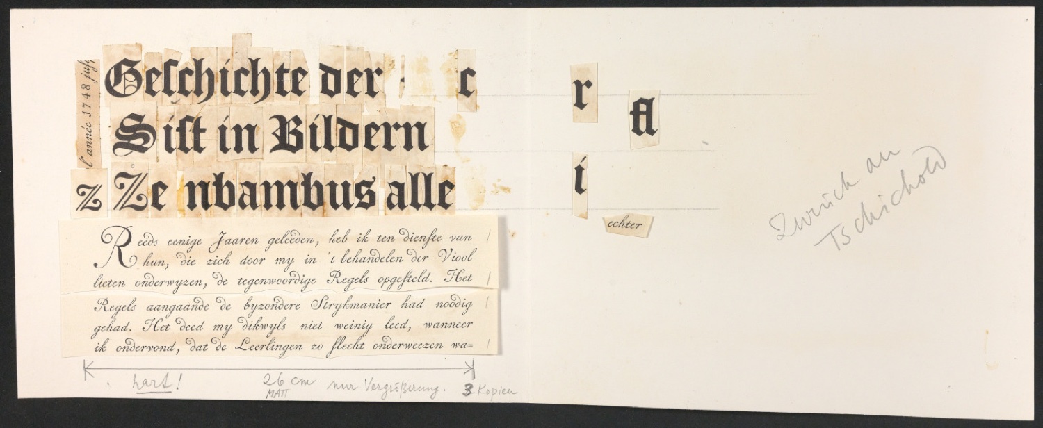 Typographischer Entwurf mit montierten Buchstaben zu Geschichte der Schrift in Bildern — Blatt 2