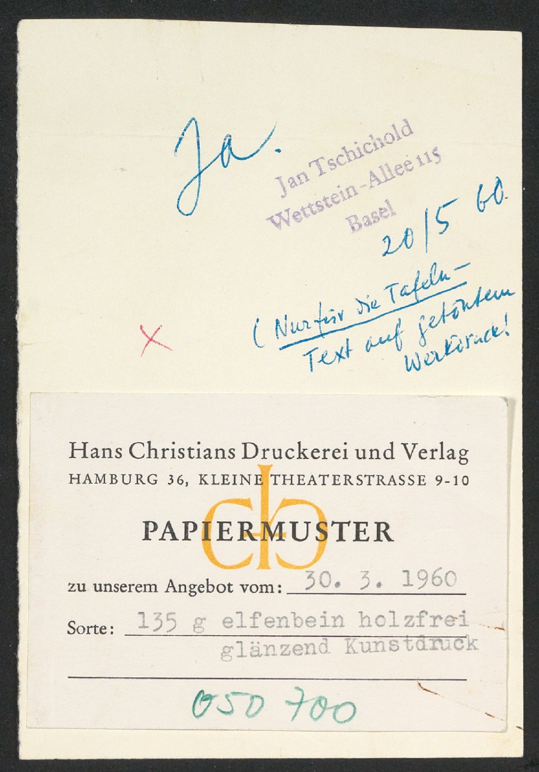 Papiermuster mit Notizen Tschicholds für Bildtafeldruck von Geschichte der Schrift mit Bildern — Blatt 1