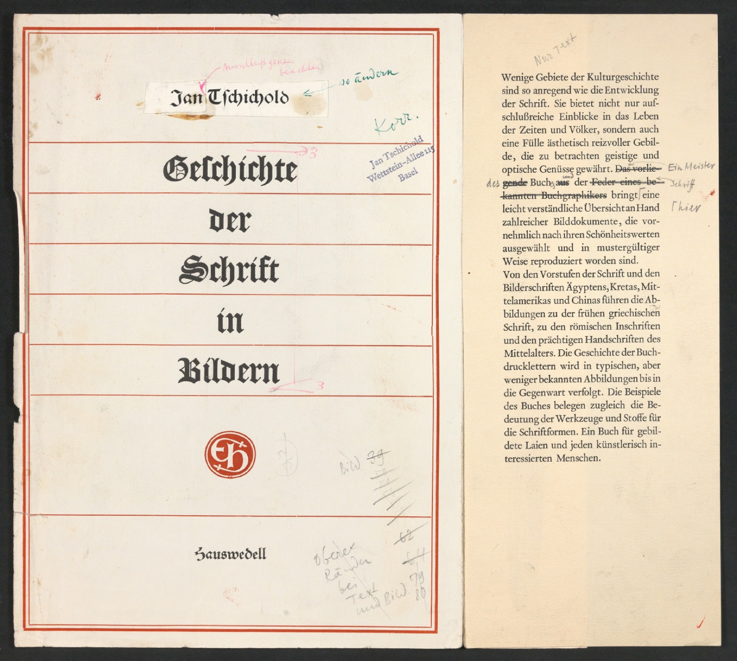 Korrigierter Probedruck mit montiertem Buchrücken für den Schutzumschlag von Geschichte der Schrift in Bildern — Blatt 1