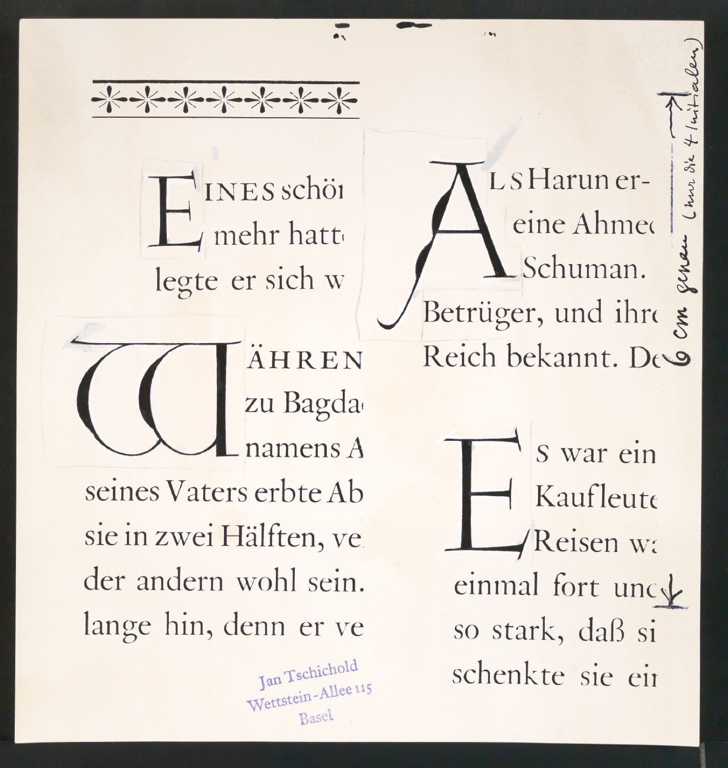 Entwurf, Probedruck und vergrößerte Reproduktion von Initialen für Von Torheit, List und Schelmen — Blatt 3