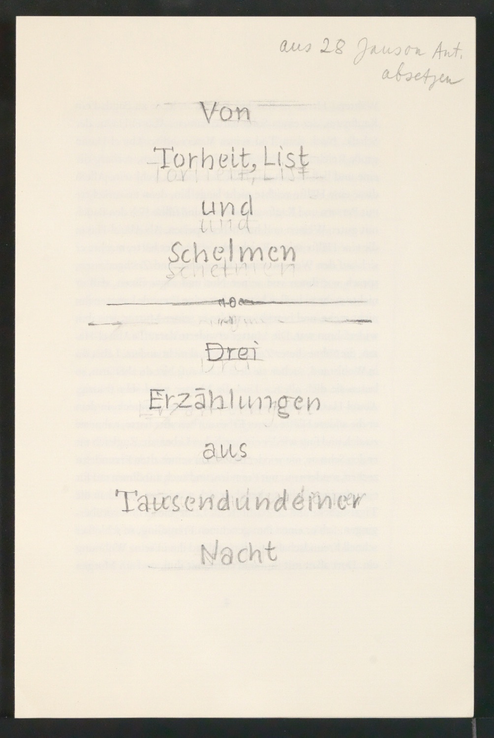 Entwurfszeichnungen und Druckfreigabe von Titelblatt für Von Torheit, List und Schelmen — Blatt 1