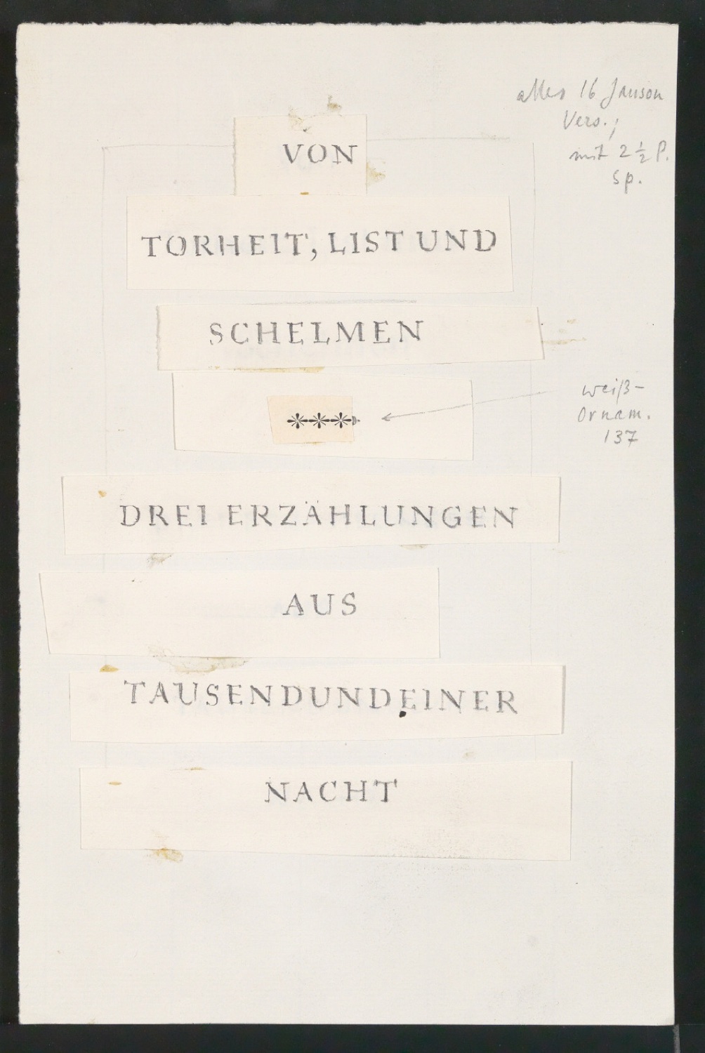 Entwurfszeichnungen und Druckfreigabe von Titelblatt für Von Torheit, List und Schelmen — Blatt 4