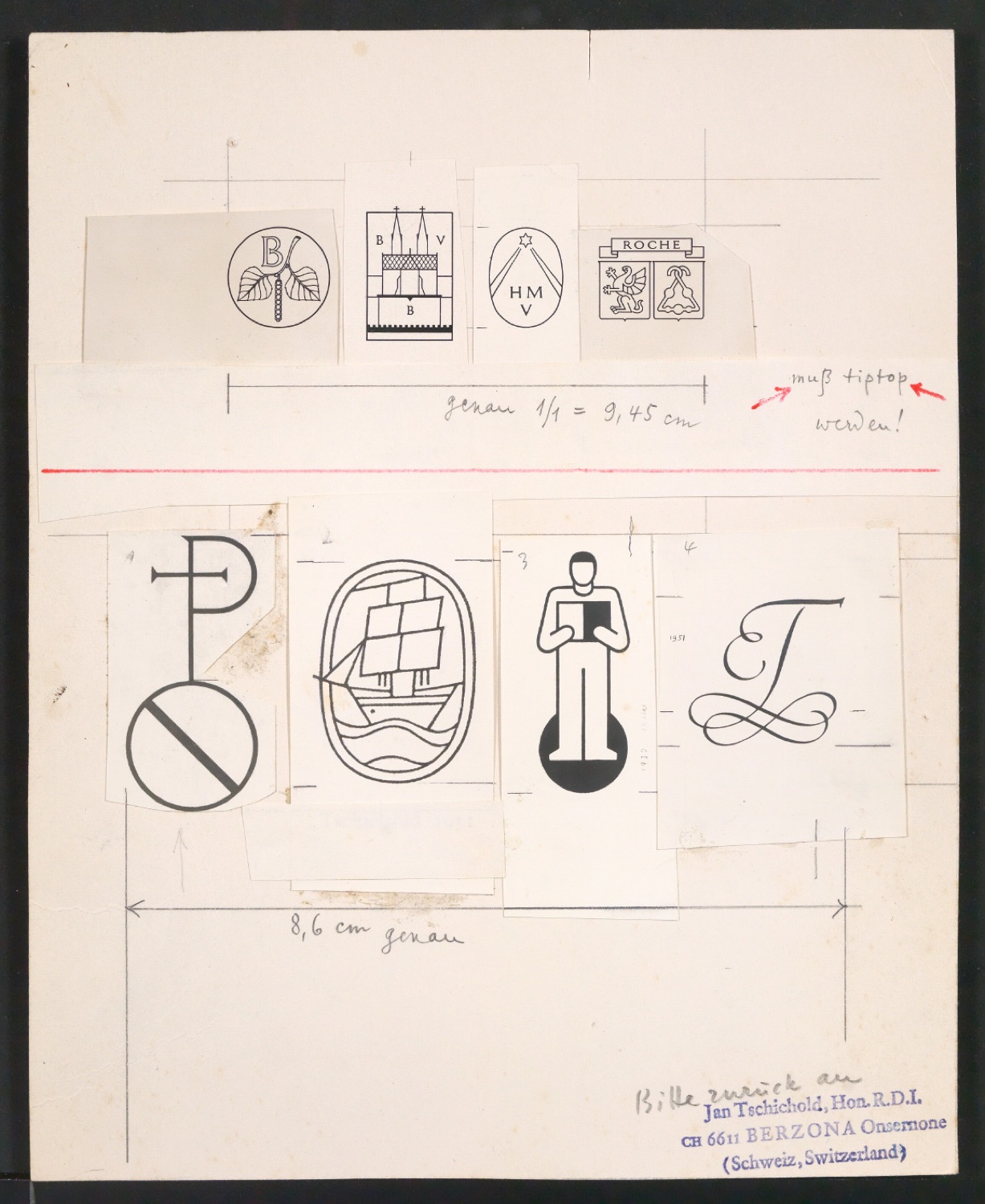 Motierter Entwurf mit Klischeeabzügen für Illustration mit von Tschichold gestalteten Signeten — Blatt 3