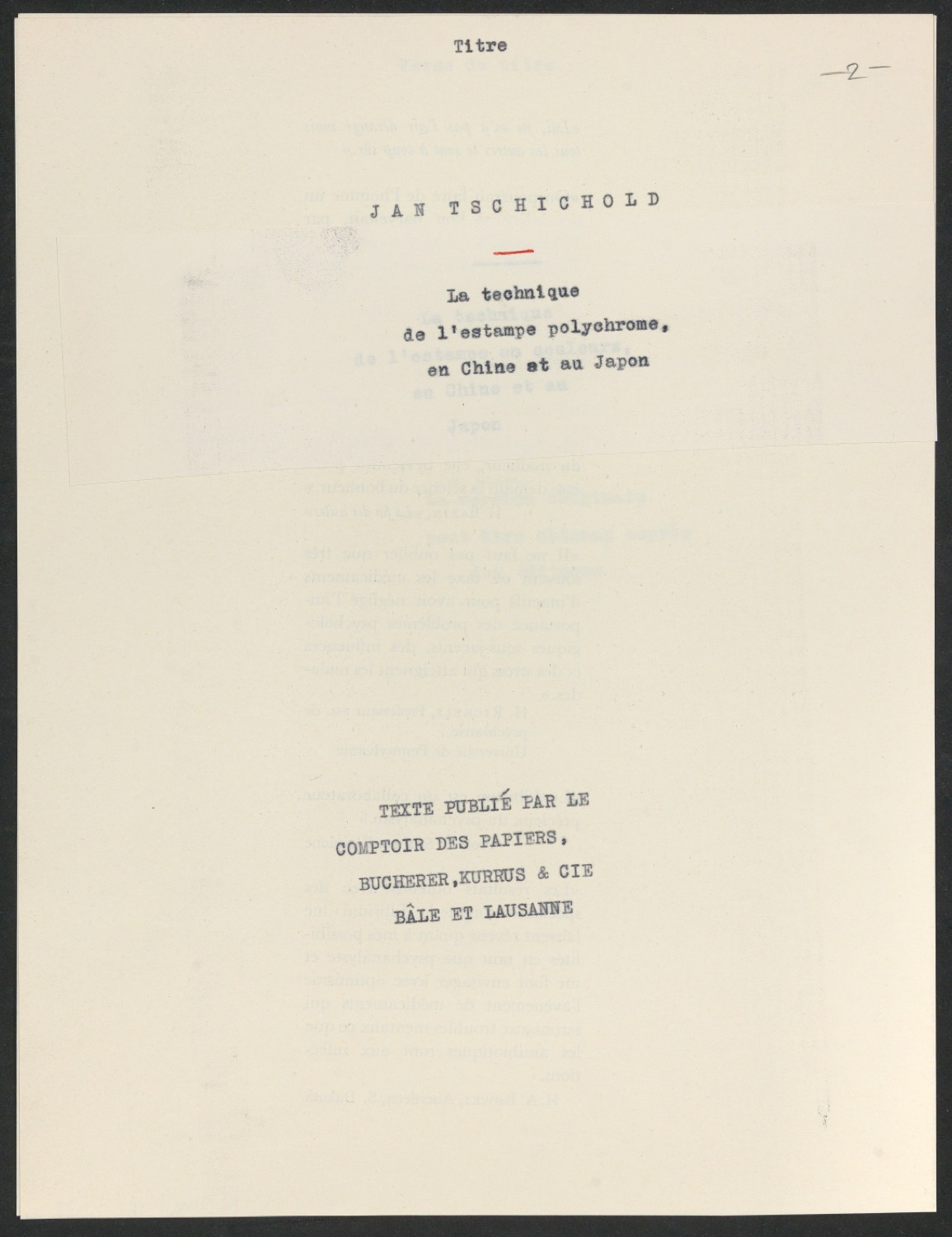 Typoskript für die Titelei von La technique de l'estampe polychrome en Chine et au Japon — Blatt 3