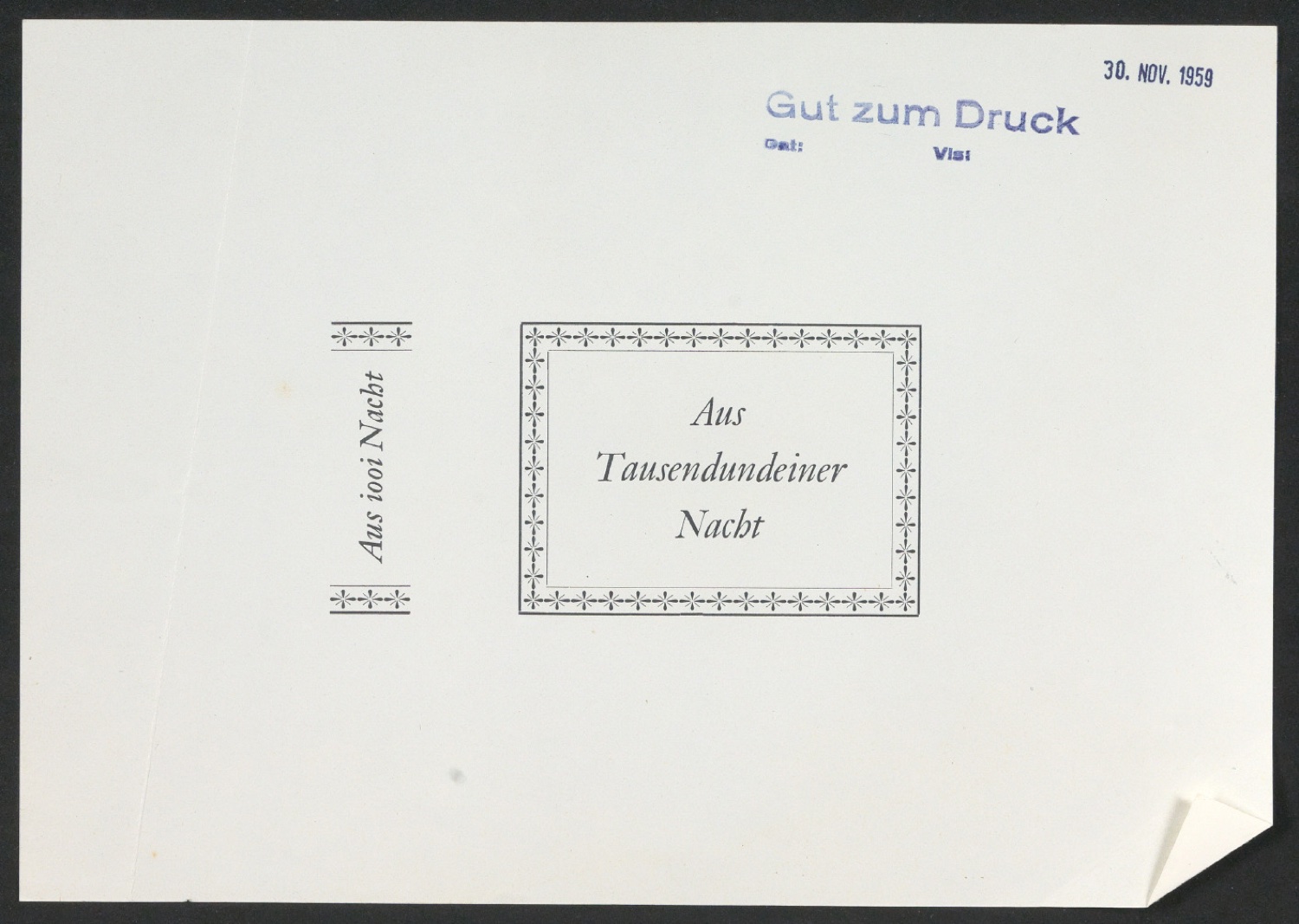 Probedruck für Titelschild von Von Torheit, List und Schelmen — Blatt 1