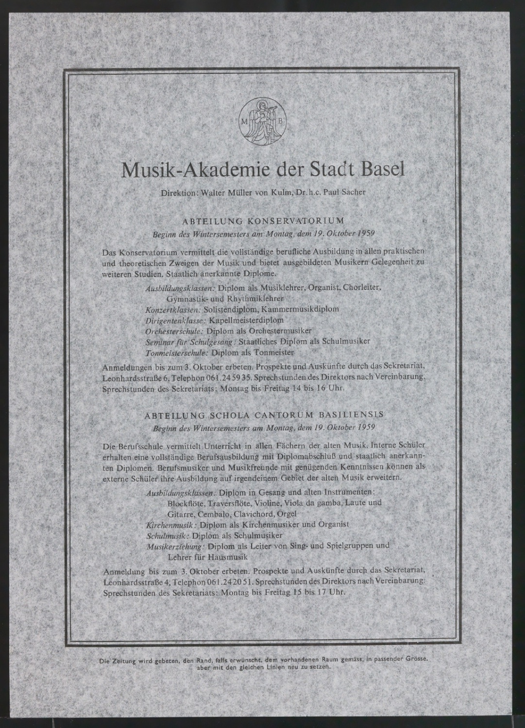 Zeitungsanzeige Musik-Akademie der Stadt Basel — Blatt 1