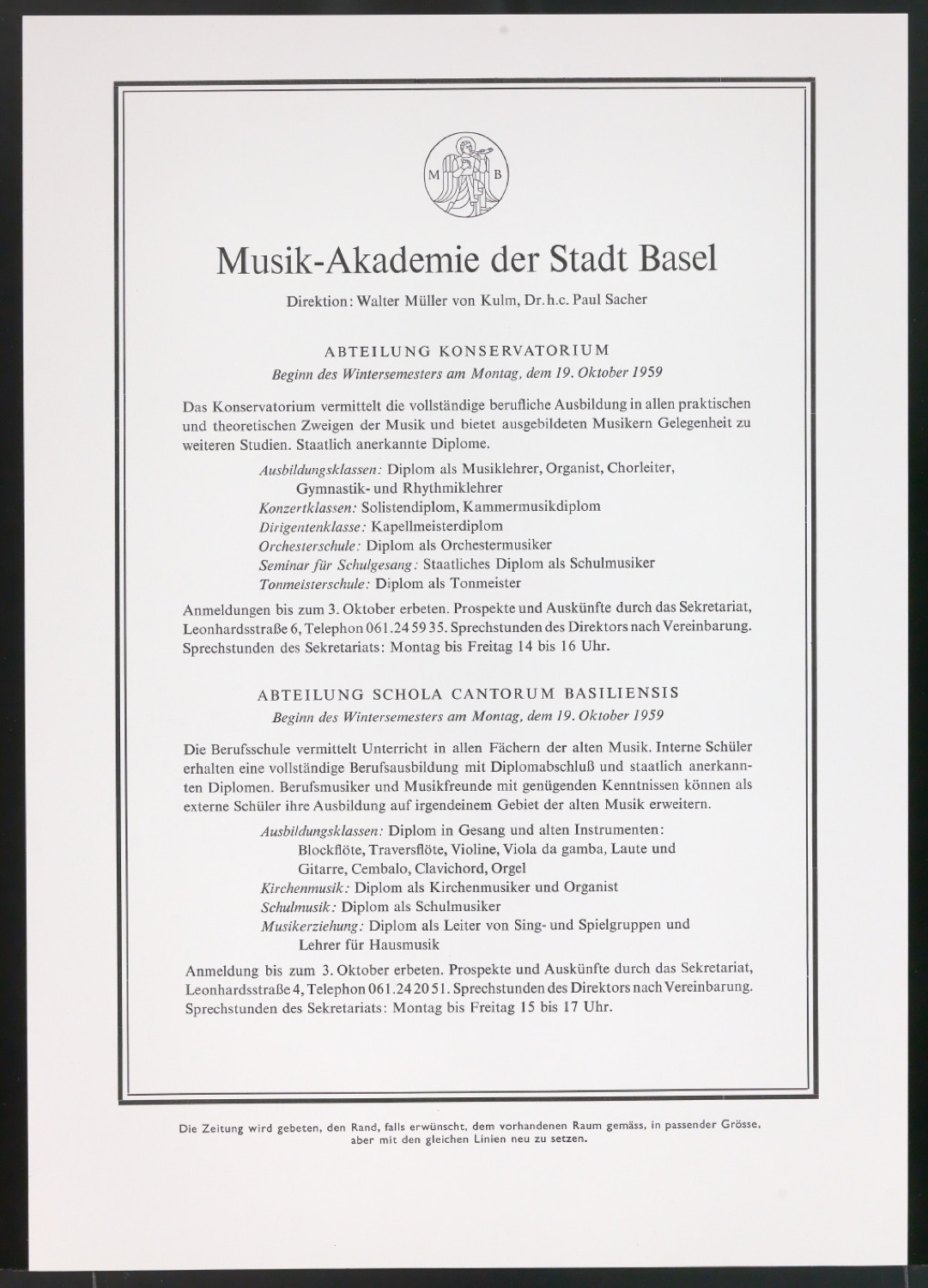 Zeitungsanzeige Musik-Akademie der Stadt Basel — Blatt 5