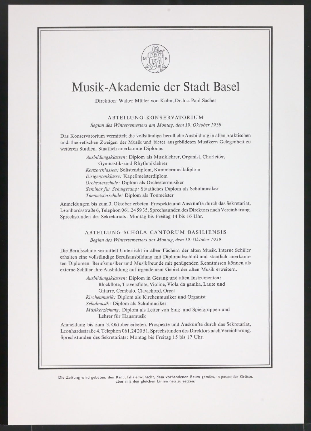 Zeitungsanzeige Musik-Akademie der Stadt Basel — Blatt 7
