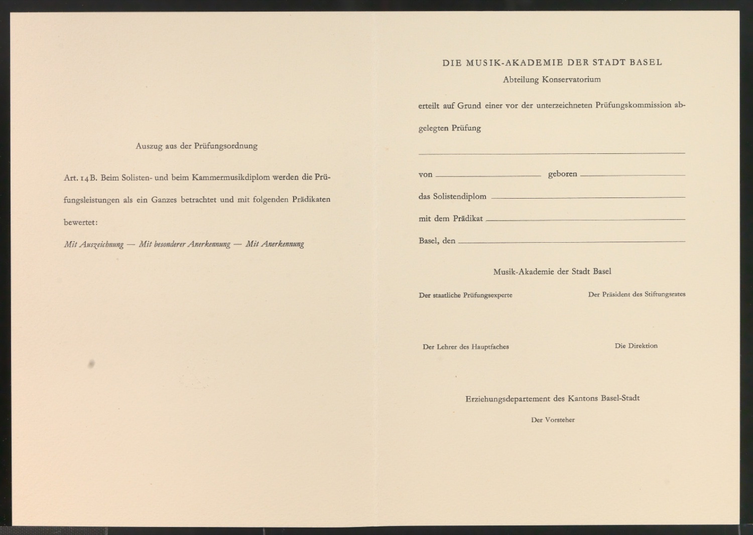 Diplom der Musikakademie der Stadt Basel, Abteilung Konservatorium — Blatt 2