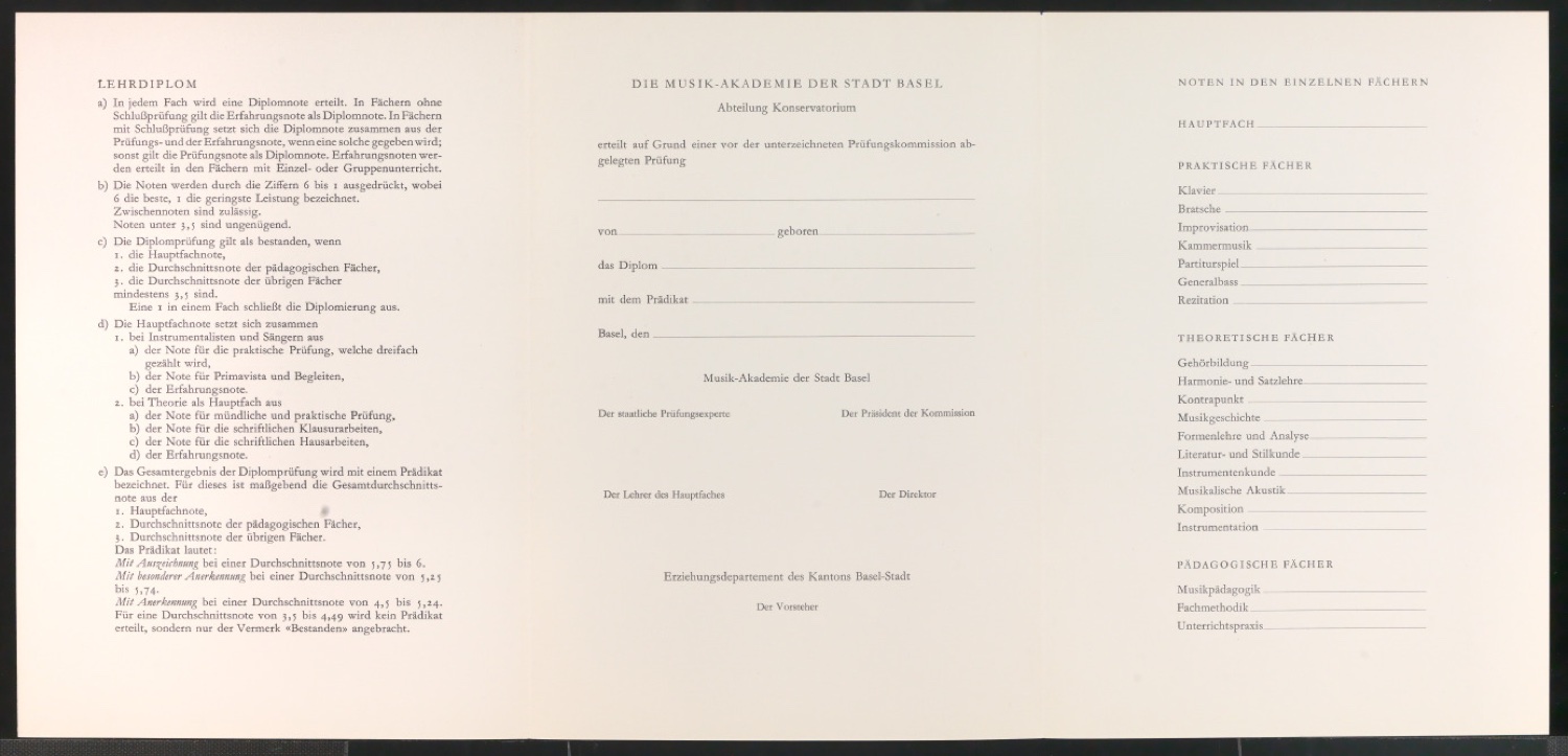 Diplom der Musikakademie der Stadt Basel, Abteilung Konservatorium — Blatt 5