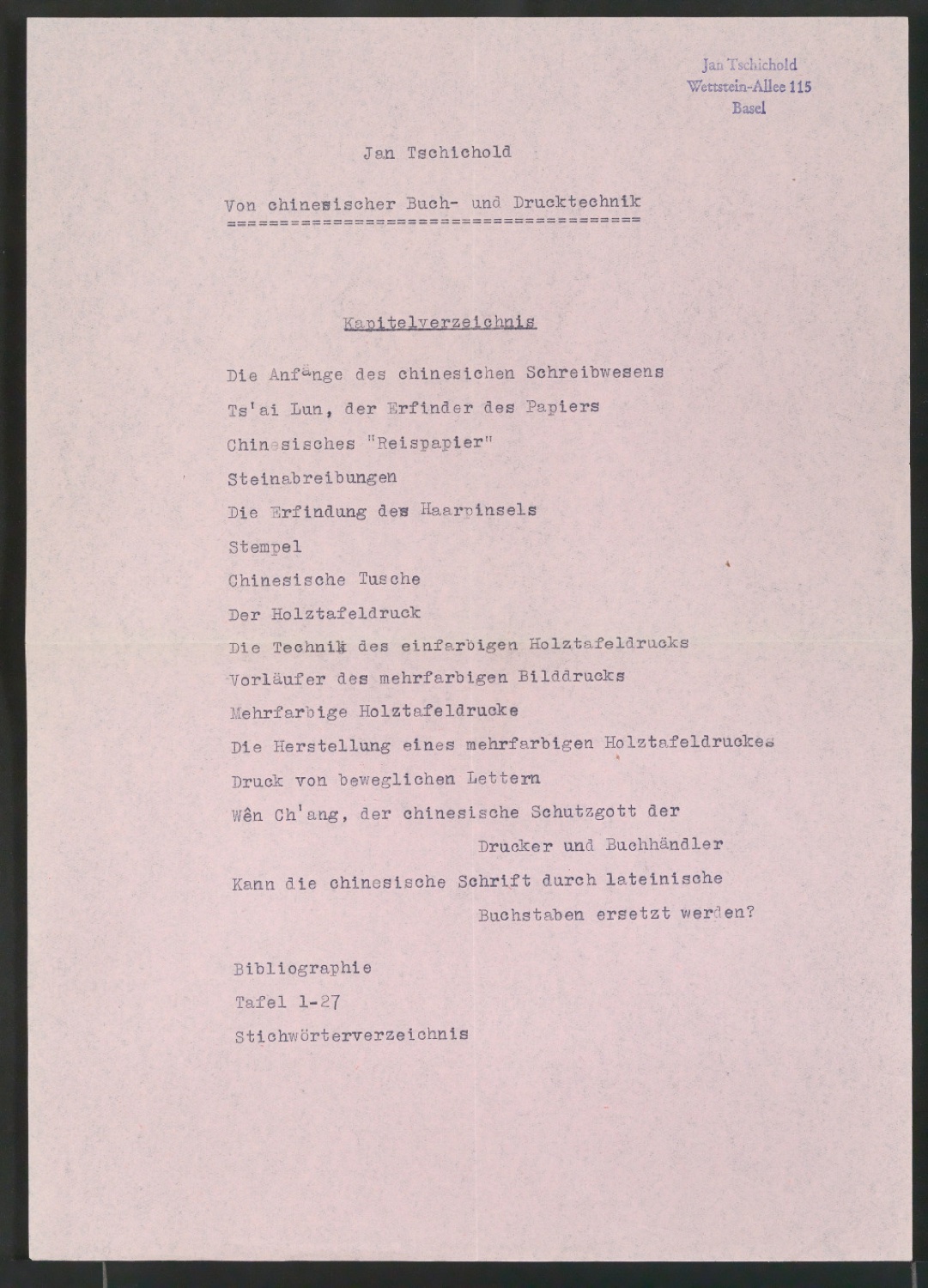 Kapitelverzeichnis und Angaben zur Herstellung für Von chinesischer Buch- und Drucktechnik (Typoskript) — Blatt 3