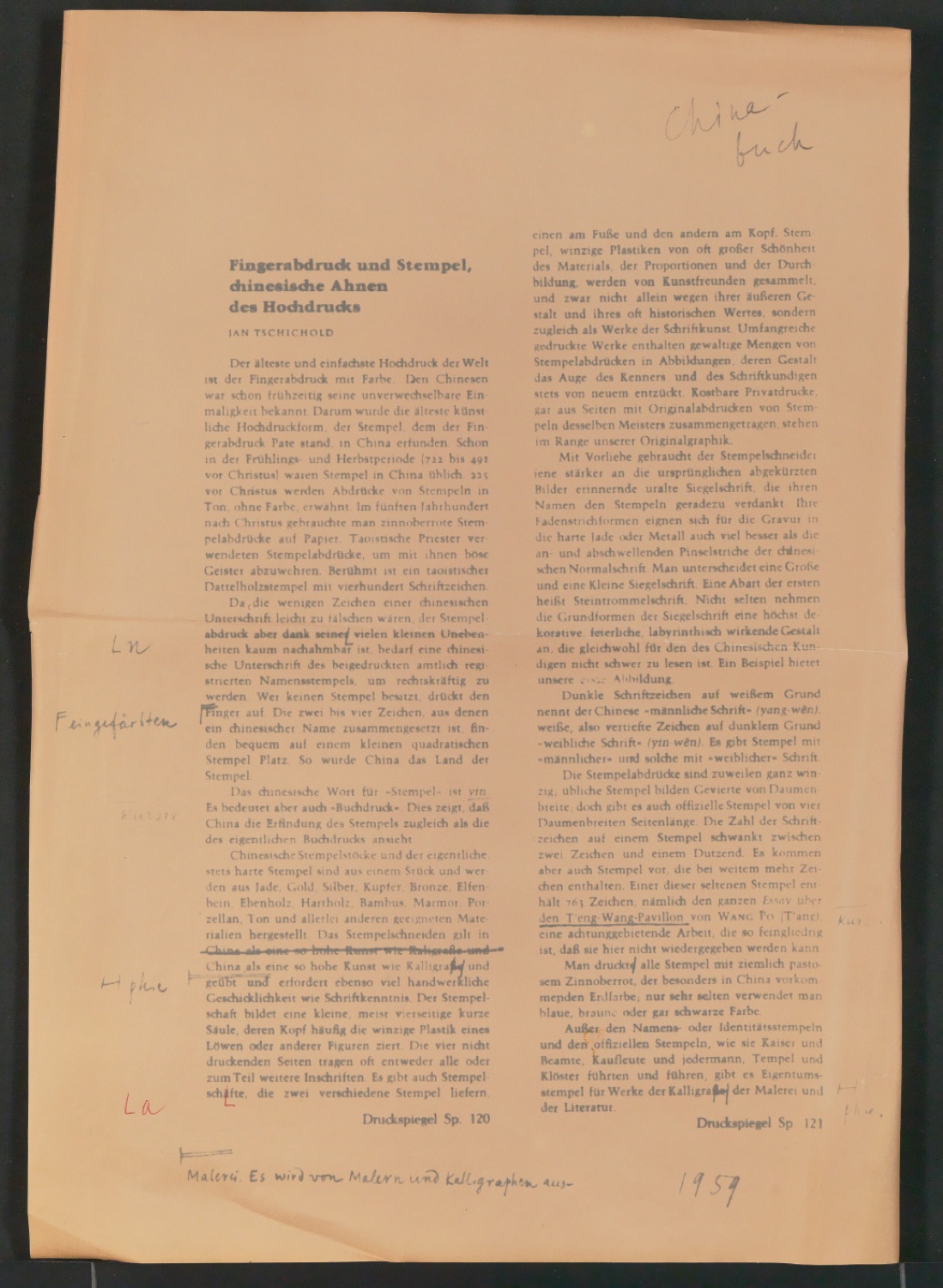 Kapitelverzeichnis und Angaben zur Herstellung für Von chinesischer Buch- und Drucktechnik (Typoskript) — Blatt 8