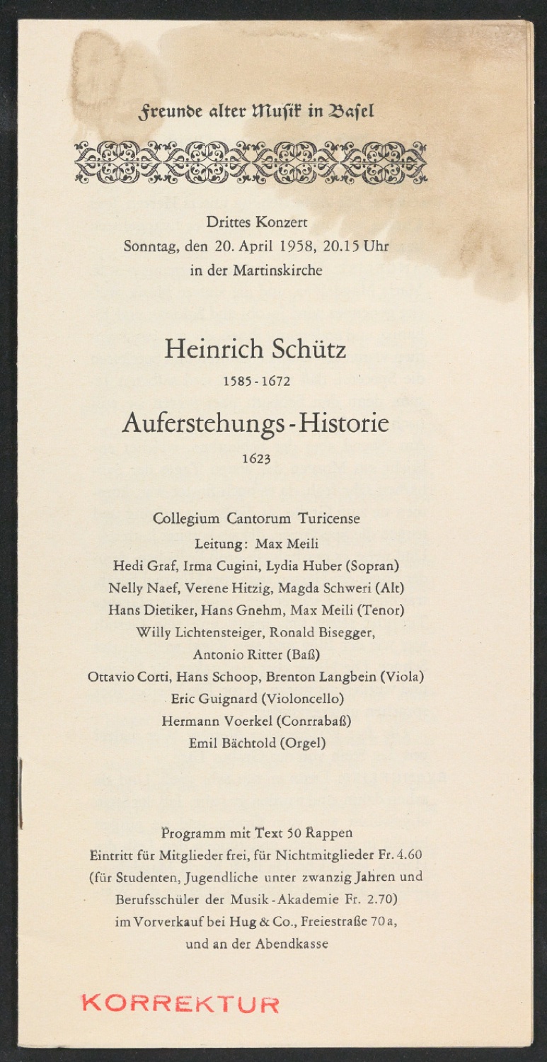 Korrekturfahne für Programmheft Konzert Heinrich Schütz — Blatt 1