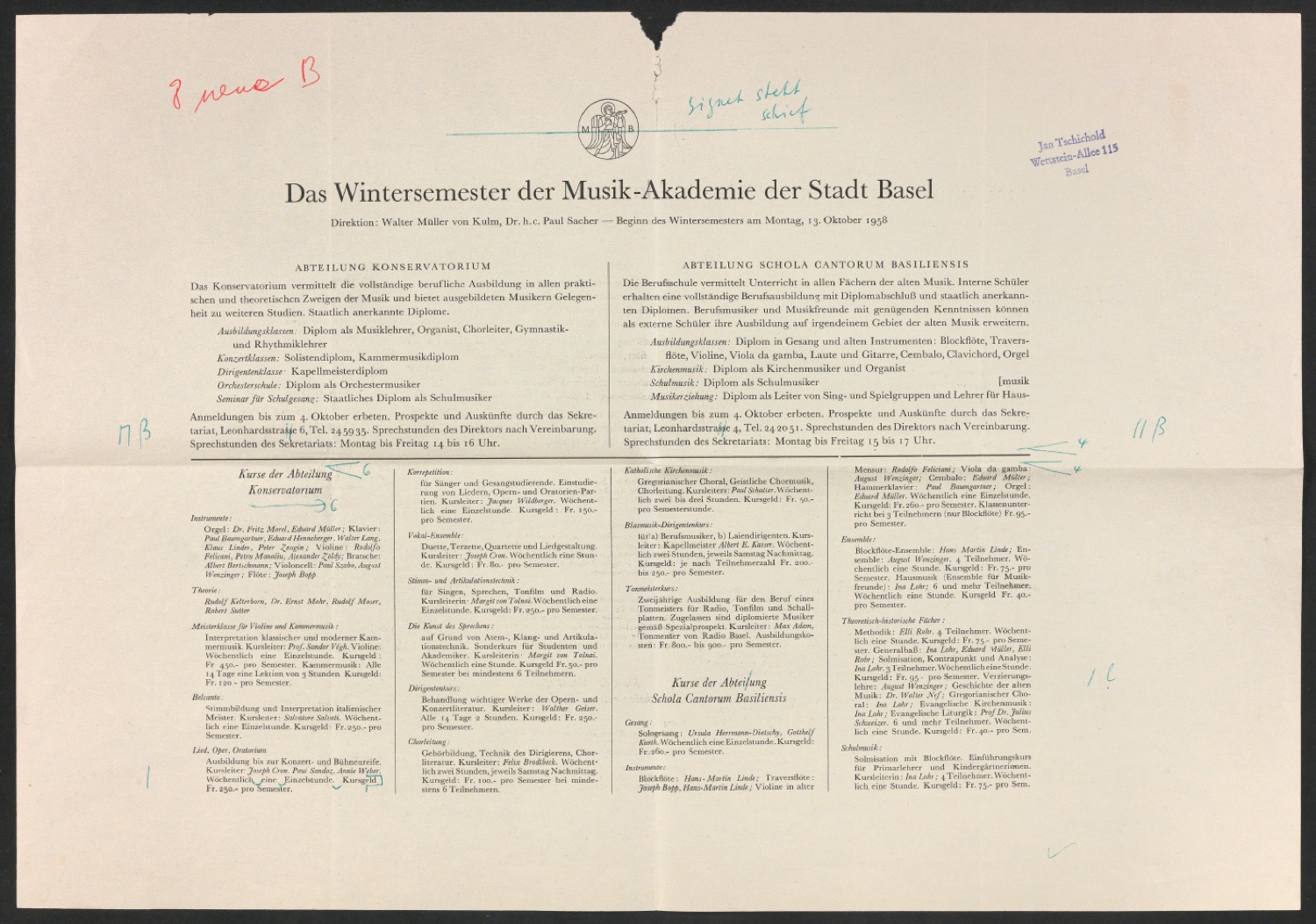 Wintersemester der Musik-Akademie der Stadt Basel — Blatt 1
