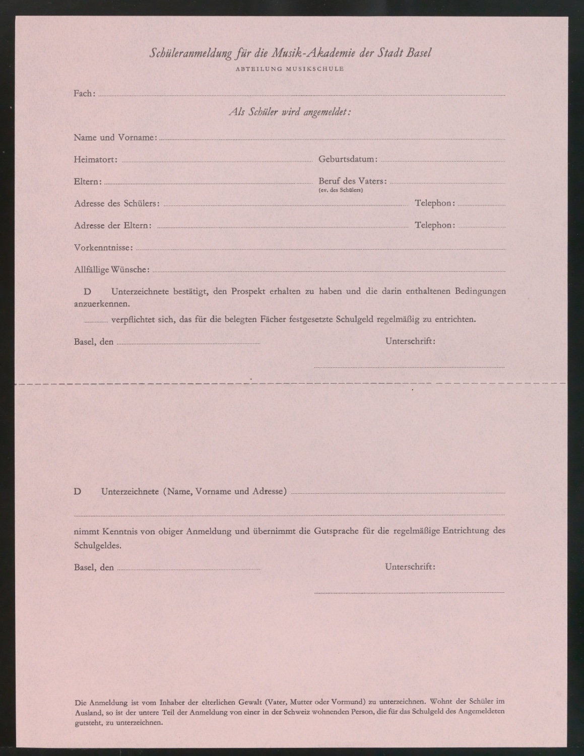Vordruck Schüleranmeldung für die Musik-Akademie — Blatt 1