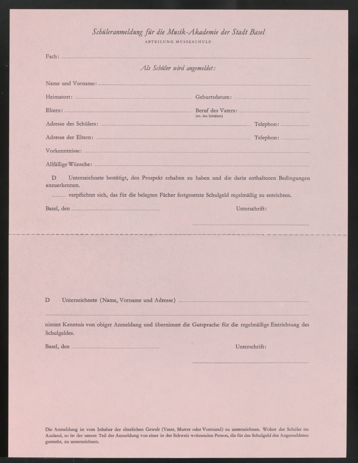 Vordruck Schüleranmeldung für die Musik-Akademie — Blatt 3