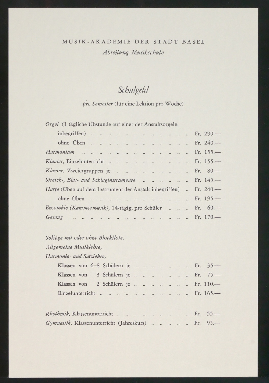 Übersicht Schulgeld für die Musik-Akademie — Blatt 1
