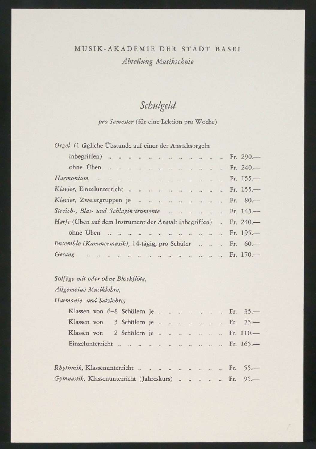 Übersicht Schulgeld für die Musik-Akademie — Blatt 3