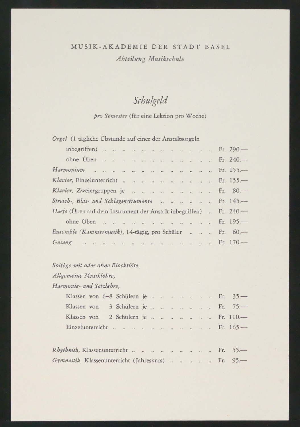 Übersicht Schulgeld für die Musik-Akademie — Blatt 5