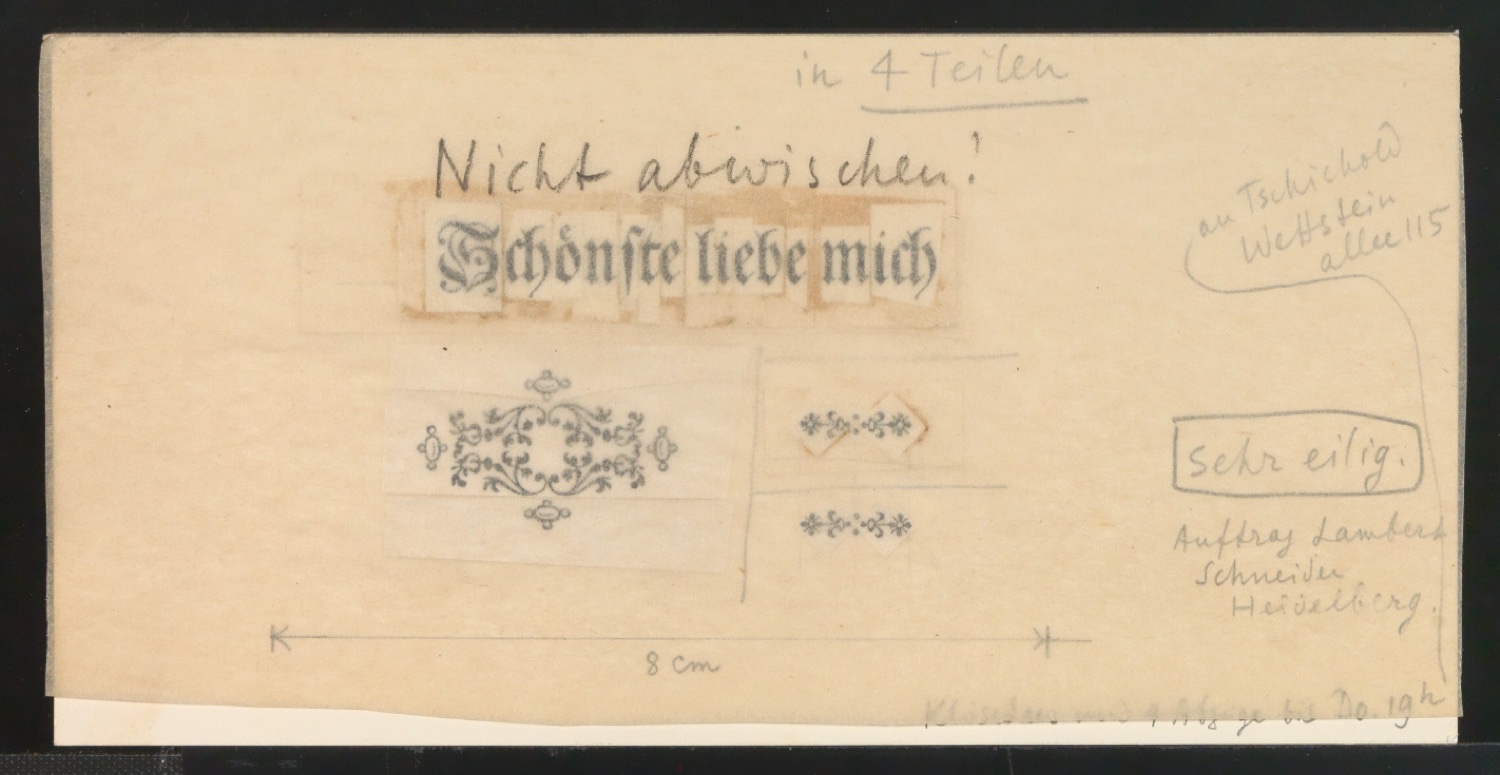Klebeentwurf für den Buchtitel des Titelblattes von Schönste, liebe mich — Blatt 1