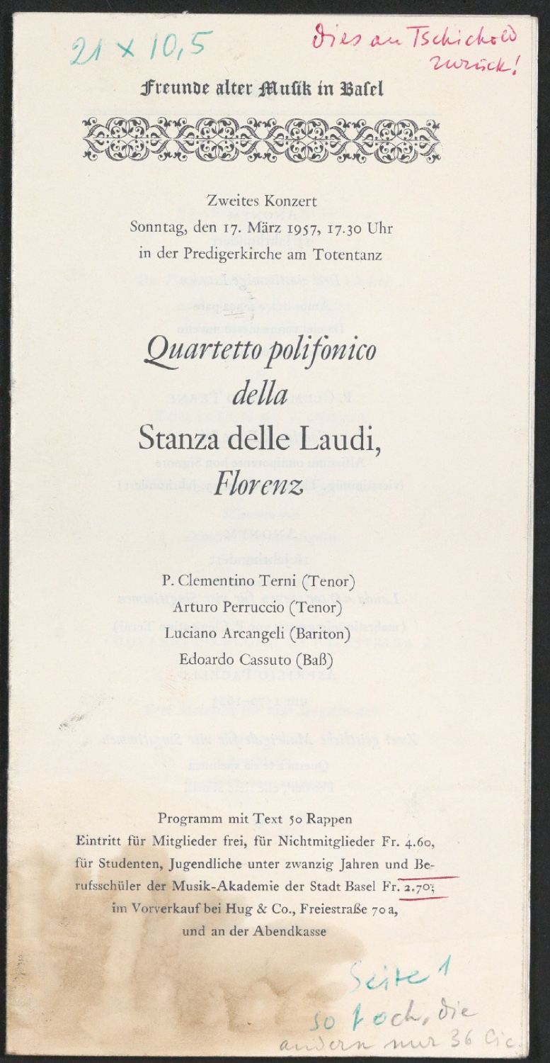 Korrekturfahne für Programmheft Konzert Quartetto polifonico — Blatt 1