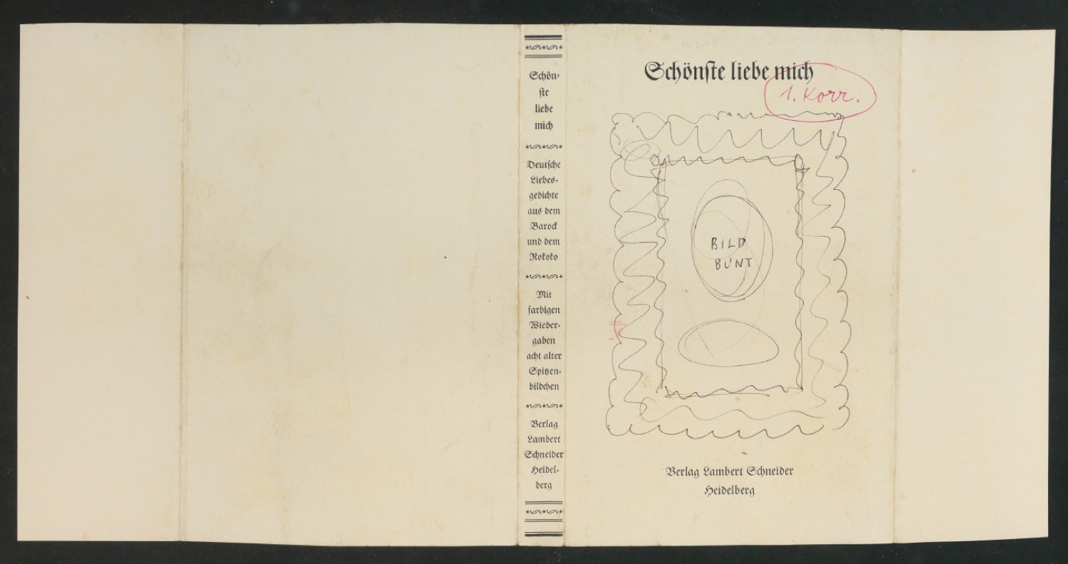 Korrekturbögen mit Probedruck eines Schutzumschlages für Schönste, liebe mich — Blatt 1