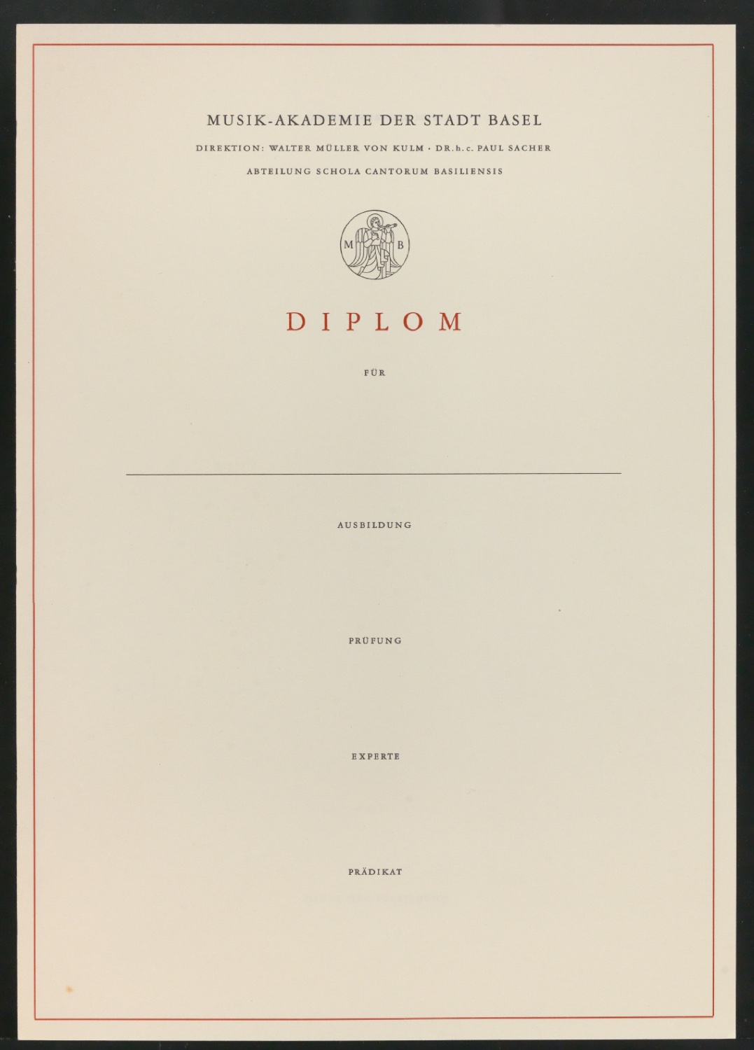 Zeugnisvordruck Diplom der Musik-Akademie Basel — Blatt 1