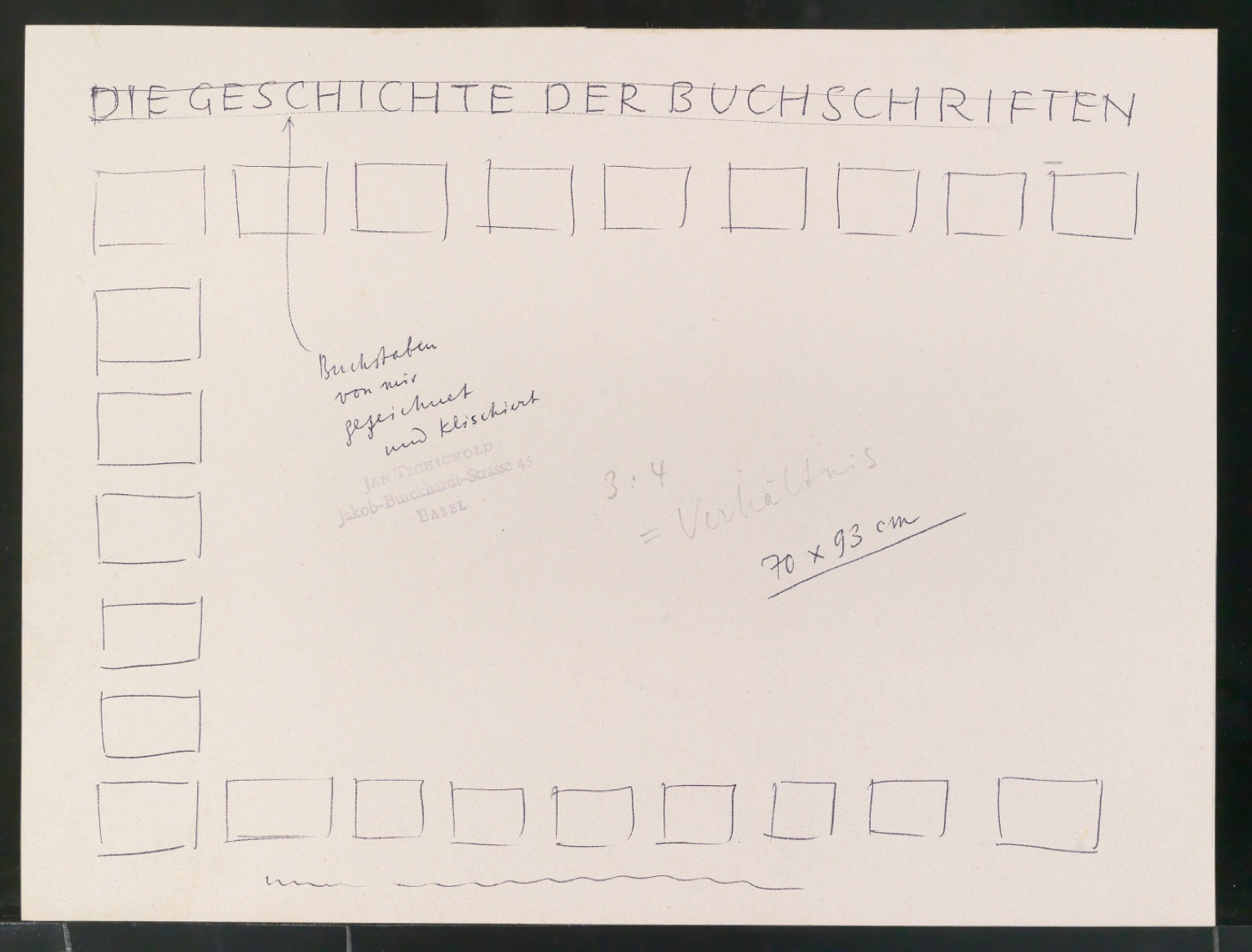 Entwurfszeichnungen für eine Übersichtstafel Die Geschichte der Buchschriften — Blatt 3
